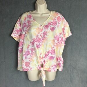 Charter Club Luxury Linen Top L Floral Tie Front Blouse Colorful Summer Travel